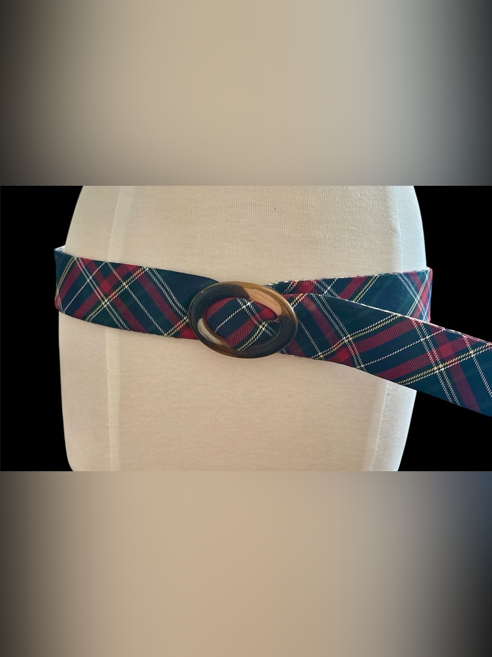 Plaid Fabric Waist Belt with Tortoiseshell Oval Buckle - Navy and Red